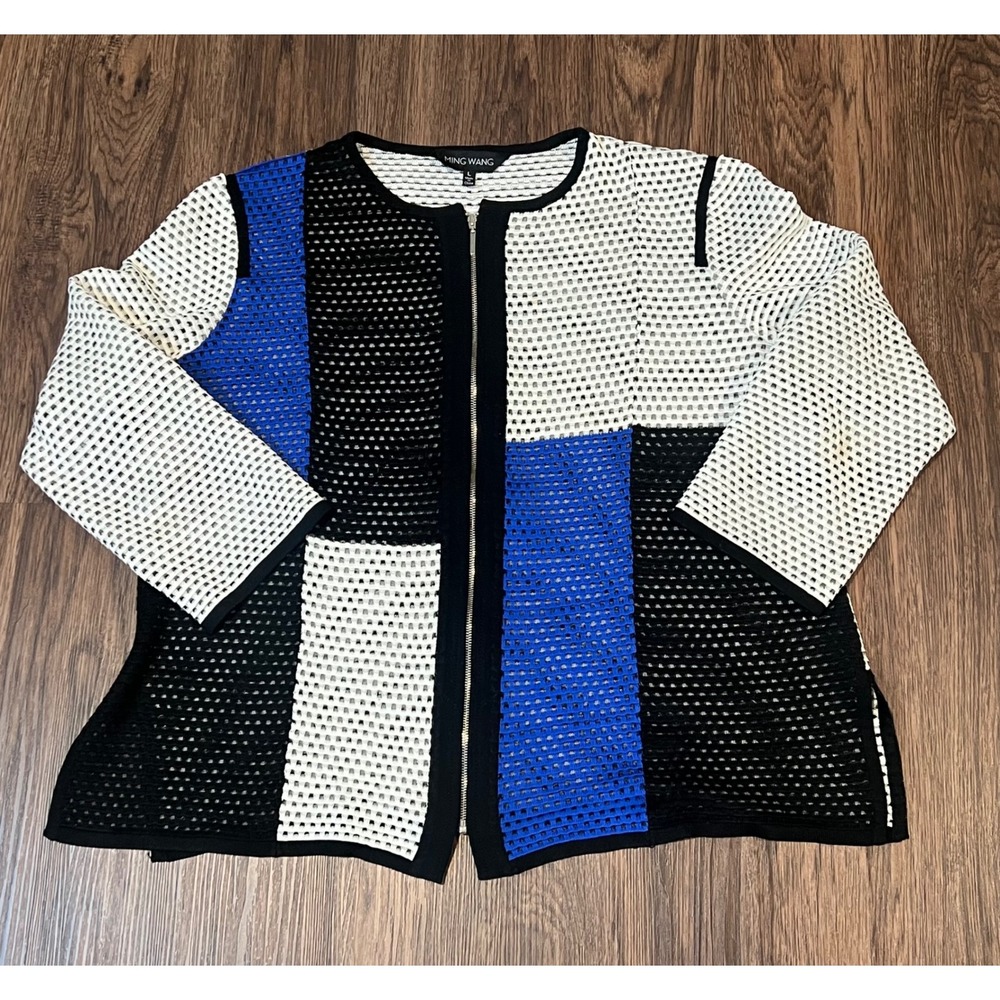 Ming Wang Colorblock Mesh Knit Zip Front Jacket Black White Blue Large